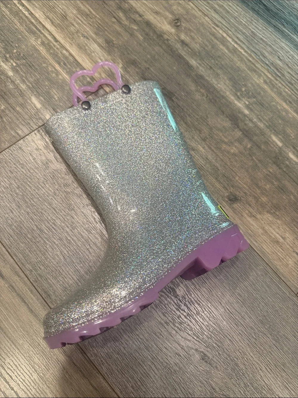 Western Chief Glitter Kids Rain Boots with Heart Handles - Silver and Lavender